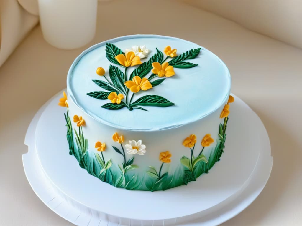  A closeup, ultradetailed image of a delicate, handpainted floral design on a perfectly frosted cake. The intricate brush strokes and vibrant colors of the edible paint create a mesmerizing and visually stunning masterpiece, showcasing the artistry and precision involved in using edible paint in pastry decoration. hyperrealistic, full body, detailed clothing, highly detailed, cinematic lighting, stunningly beautiful, intricate, sharp focus, f/1. 8, 85mm, (centered image composition), (professionally color graded), ((bright soft diffused light)), volumetric fog, trending on instagram, trending on tumblr, HDR 4K, 8K