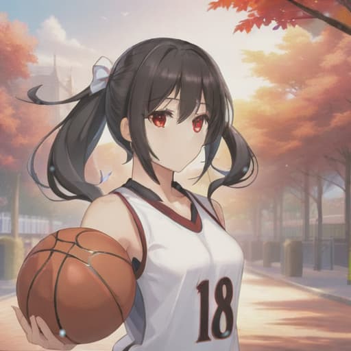  anime girl black hair bright dark brown eyes red and white basketball uniform with the number 18 and the name Nicky white and black shoes Have your hair in a medium high ponytail with two strands on the sides of your ears, have a basketball and look full body Pastel Palette, Da Vinci's Dreams, Picasso's , Sunrise Splendors, Floral Fantasy, Mystical Moonscapes, Urban Nature, Crystal Clear, Cinematic hyperrealistic, full body, detailed clothing, highly detailed, cinematic lighting, stunningly beautiful, intricate, sharp focus, f/1. 8, 85mm, (centered image composition), (professionally color graded), ((bright soft diffused light)), volumetric fog, trending on instagram, trending on tumblr, HDR 4K, 8K