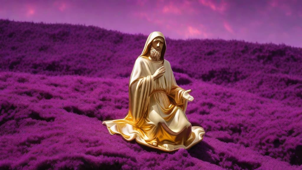  A golden mother of Jesus on the top of a purple moss hill