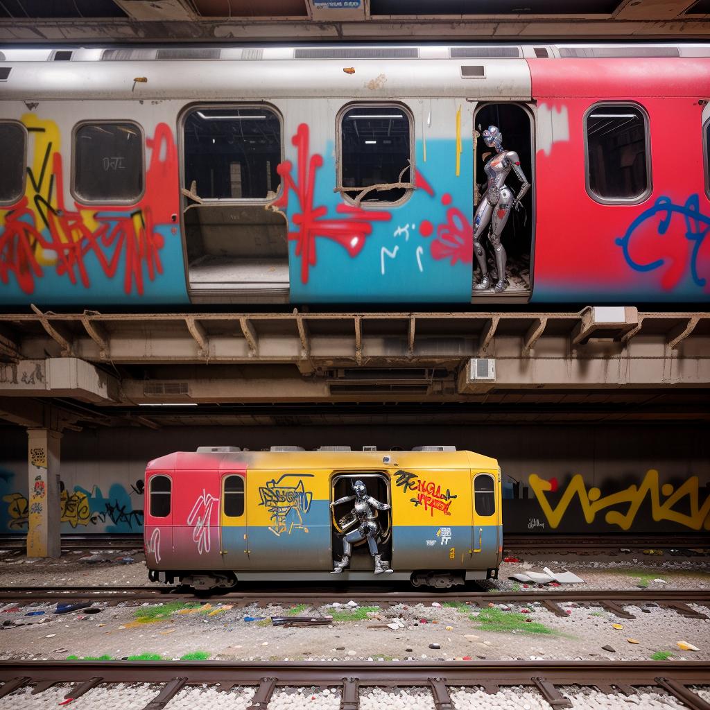  16k high quality photo, sharp detail, masterpiece, side view, old abandoned subway train yard, graffiti, robots in love, 16k high quality photo, sharp detail