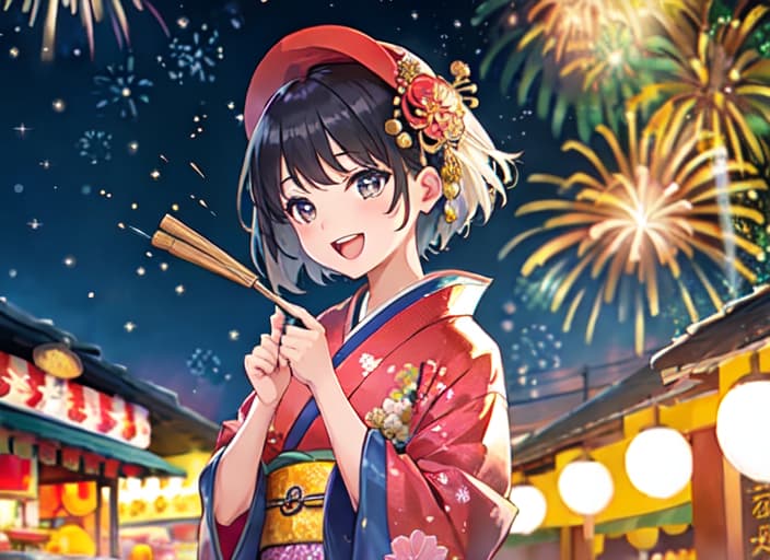  master piece , best quality,short hair girl in kimono laughing at fireworks starry sky food stall best quality