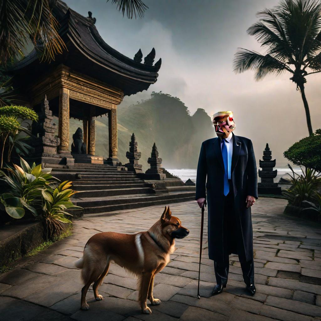  trump and his sani dog in bali hyperrealistic, full body, detailed clothing, highly detailed, cinematic lighting, stunningly beautiful, intricate, sharp focus, f/1. 8, 85mm, (centered image composition), (professionally color graded), ((bright soft diffused light)), volumetric fog, trending on instagram, trending on tumblr, HDR 4K, 8K