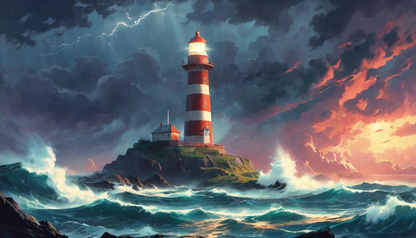  retro futuristic Lighthouse during a storm, guiding light, safety and calm, stable foundation, beacon lvintage sci fi, 50s and 60s style, atomic age, vibrant, highly detailed