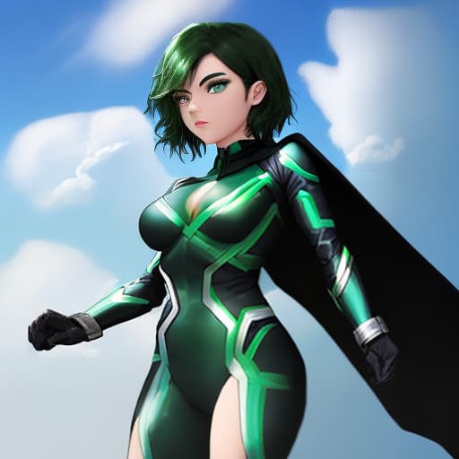  make a character superhero with green dark hair and black plus blue superhero costume and clouds around