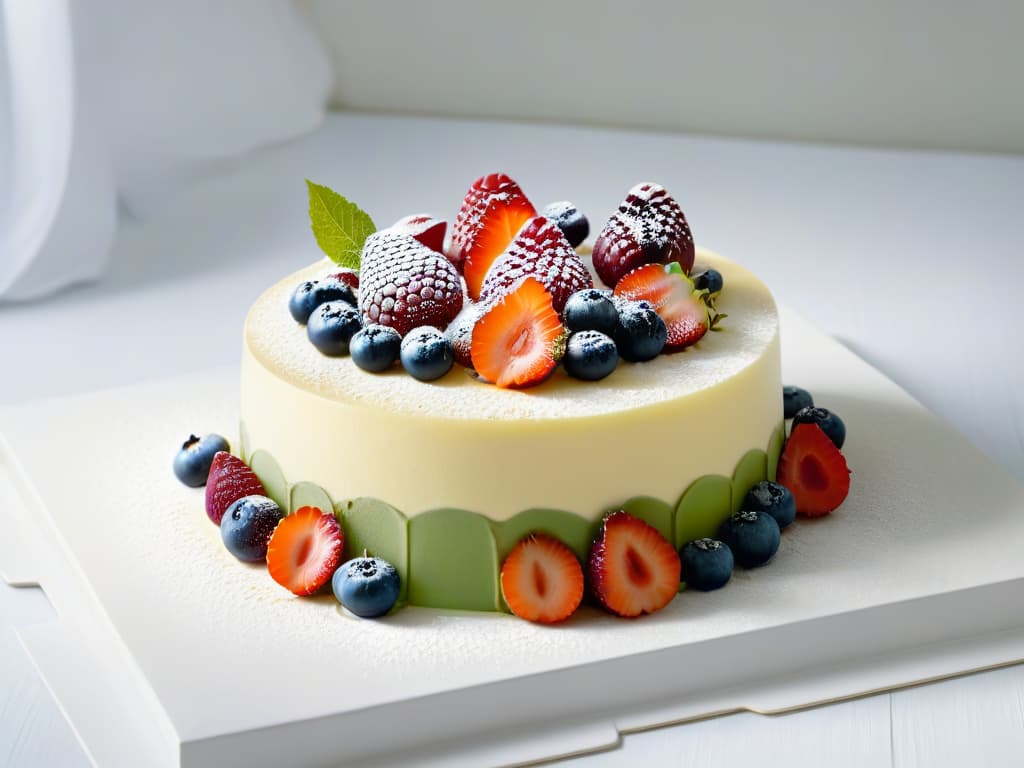  A closeup, ultradetailed image of a delicate, intricately designed dessert showcasing a perfect balance of contrasting flavors and textures. The dessert is elegantly plated on a sleek, minimalist white dish, with vibrant, fresh fruits artistically arranged around it. The dessert itself is a work of art, with layers of sponge cake, creamy fillings, and glossy glazes, all reflecting the skill and precision of a master pastry chef. The image captures the essence of modern pastrymaking, highlighting the beauty and complexity of flavor combinations in a visually striking and sophisticated way. hyperrealistic, full body, detailed clothing, highly detailed, cinematic lighting, stunningly beautiful, intricate, sharp focus, f/1. 8, 85mm, (centered image composition), (professionally color graded), ((bright soft diffused light)), volumetric fog, trending on instagram, trending on tumblr, HDR 4K, 8K