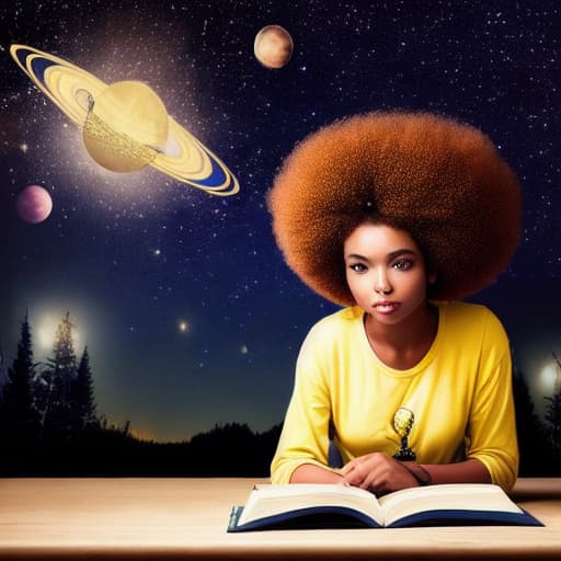 modelshoot style Pretty girl with afro reading and studying in a  room at night with stars and planets in the sky, fireflies, musical notes, ultrarealistic detailed vivid colors