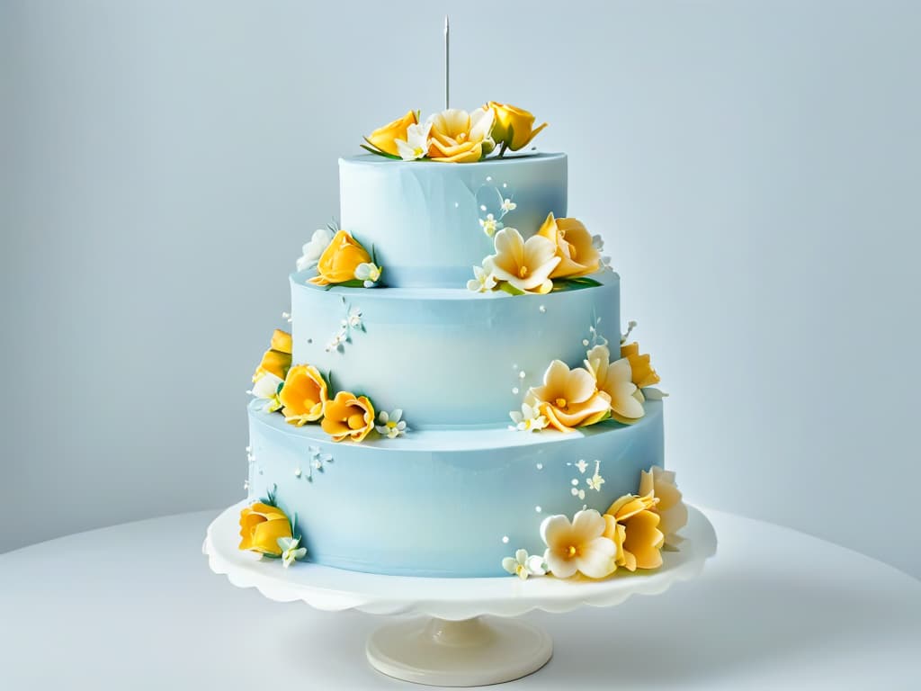  An intricately decorated threetiered wedding cake featuring delicate sugar flowers in soft pastel colors, set against a clean white background. The attention to detail is impeccable, showcasing the artistry and precision of classic pastry design. hyperrealistic, full body, detailed clothing, highly detailed, cinematic lighting, stunningly beautiful, intricate, sharp focus, f/1. 8, 85mm, (centered image composition), (professionally color graded), ((bright soft diffused light)), volumetric fog, trending on instagram, trending on tumblr, HDR 4K, 8K