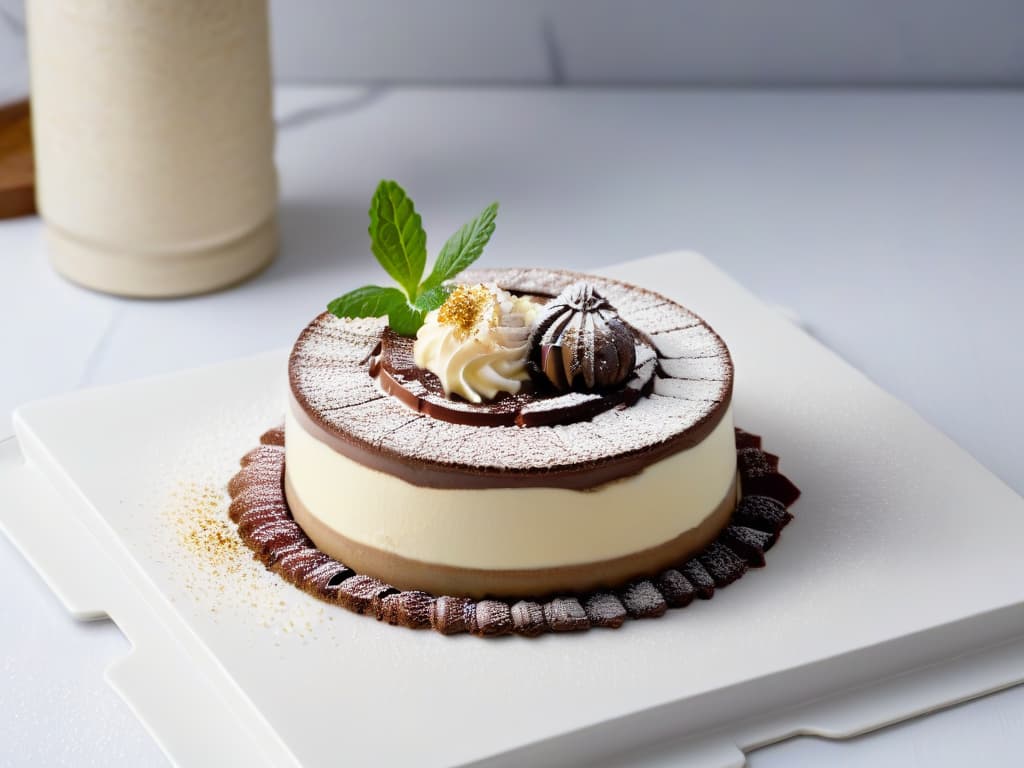  An ultradetailed image of a modern, minimalistic dessert plating featuring a deconstructed classic tiramisu. The dish includes layers of espressosoaked ladyfingers, velvety mascarpone cream, delicate cocoa dusting, and a quenelle of espresso gelato, all meticulously arranged on a sleek, white porcelain plate. The presentation is artfully garnished with edible gold leaf and micro mint leaves, creating a visually stunning and mouthwatering multisensory experience. hyperrealistic, full body, detailed clothing, highly detailed, cinematic lighting, stunningly beautiful, intricate, sharp focus, f/1. 8, 85mm, (centered image composition), (professionally color graded), ((bright soft diffused light)), volumetric fog, trending on instagram, trending on tumblr, HDR 4K, 8K