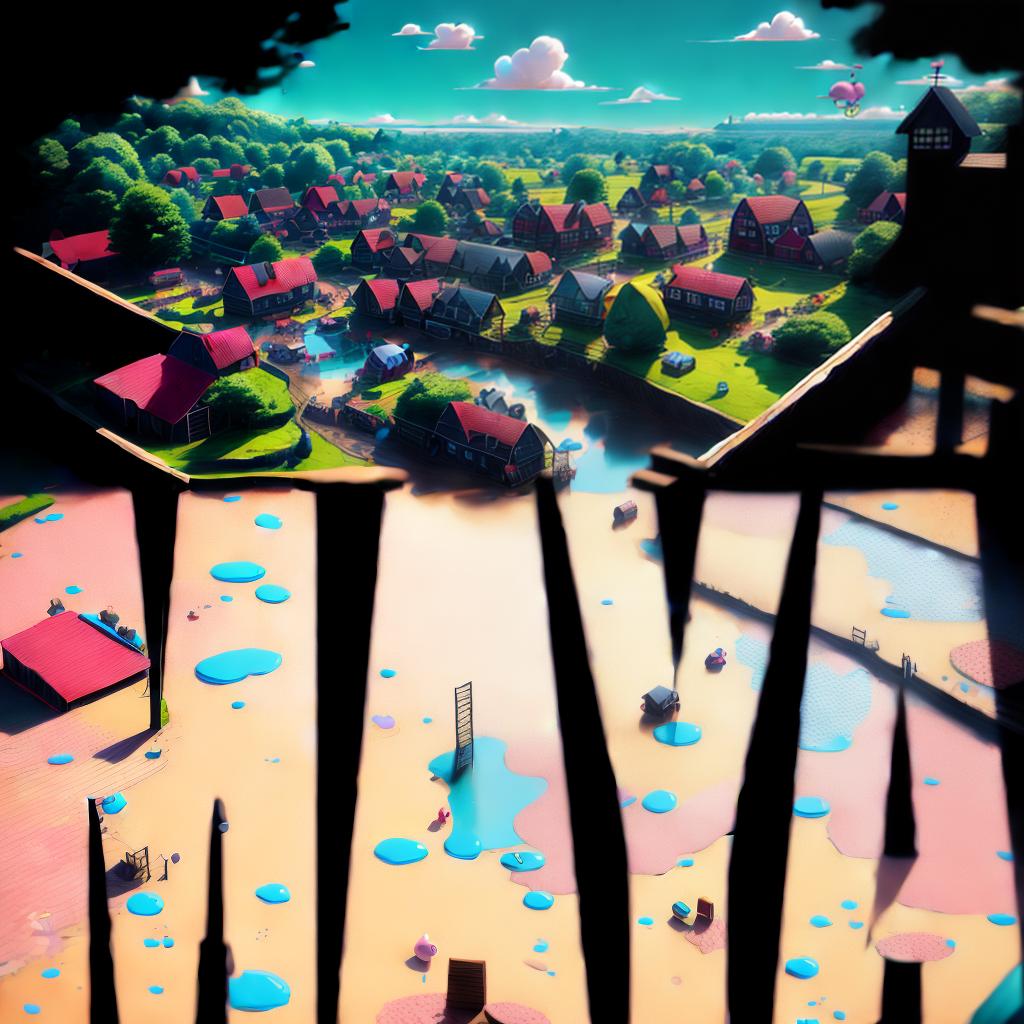  A colorful and whimsical 3D scene featuring the world of Peppa Pig, with detailed environments such as Muddy Puddles, Mr. Bull&#039;s Farm, and Grandpa Pig&#039;s House. The camera is positioned at a bird&#039;s eye view, showcasing the vibrant and lively town of Peppa Pig World. The style is reminiscent of the show&#039;s animation, with soft lighting and a playful atmosphere. style Anime, styles for printing, advanced detail processing., best quality, masterpiece