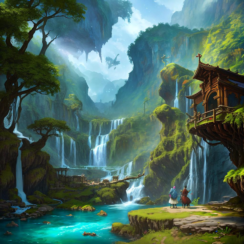  in a fantasy setting, Paint a surreal landscape where mythical beasts roam amidst cascading waterfalls.