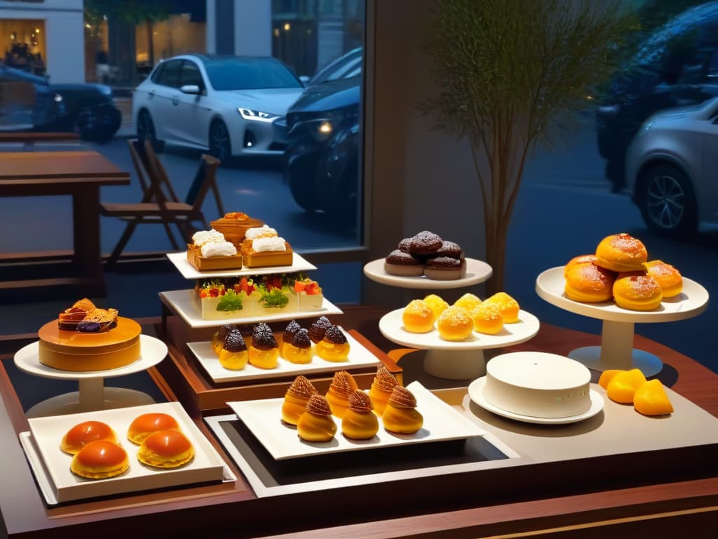  A photorealistic image of a modern dessert cafe setting with Koreaninspired pastries beautifully displayed on elegant platters. The scene includes a minimalist interior design with soft, natural lighting accentuating the intricate details of the desserts. Customers of diverse backgrounds are seen enjoying these delectable treats, creating a warm and inviting atmosphere that reflects the fusion of Korean pastry influence on modern dessert culture. hyperrealistic, full body, detailed clothing, highly detailed, cinematic lighting, stunningly beautiful, intricate, sharp focus, f/1. 8, 85mm, (centered image composition), (professionally color graded), ((bright soft diffused light)), volumetric fog, trending on instagram, trending on tumblr, HDR 4K, 8K