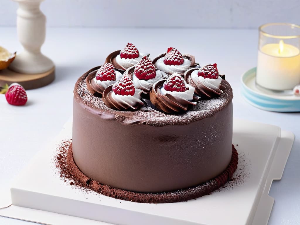  A beautifully arranged minimalistic photo of a guiltfree, sugarfree chocolate cake topped with fresh raspberries and a dusting of cocoa powder, displayed on a sleek white marble countertop. The cake is elegantly decorated with swirls of whipped cream and delicate chocolate shavings, creating a visually stunning and enticing image that perfectly complements the theme of guiltfree baking for diabetics. hyperrealistic, full body, detailed clothing, highly detailed, cinematic lighting, stunningly beautiful, intricate, sharp focus, f/1. 8, 85mm, (centered image composition), (professionally color graded), ((bright soft diffused light)), volumetric fog, trending on instagram, trending on tumblr, HDR 4K, 8K