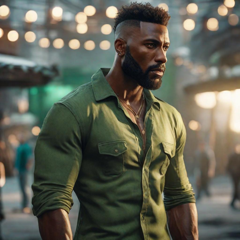  black man standing. wearing a green shirt. facing the camera. video game skin hyperrealistic, full body, detailed clothing, highly detailed, cinematic lighting, stunningly beautiful, intricate, sharp focus, f/1. 8, 85mm, (centered image composition), (professionally color graded), ((bright soft diffused light)), volumetric fog, trending on instagram, trending on tumblr, HDR 4K, 8K