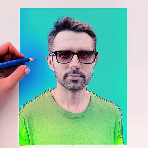 dublex style man wearing glasses, hand holding pencil over the paper, half colored drawing that looks like puzzle pieces