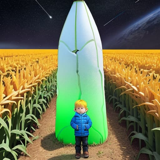  Please help me draw, in the space farm, the corn cob is taller than the person, and there must be a contrast between corn and little boys. ，