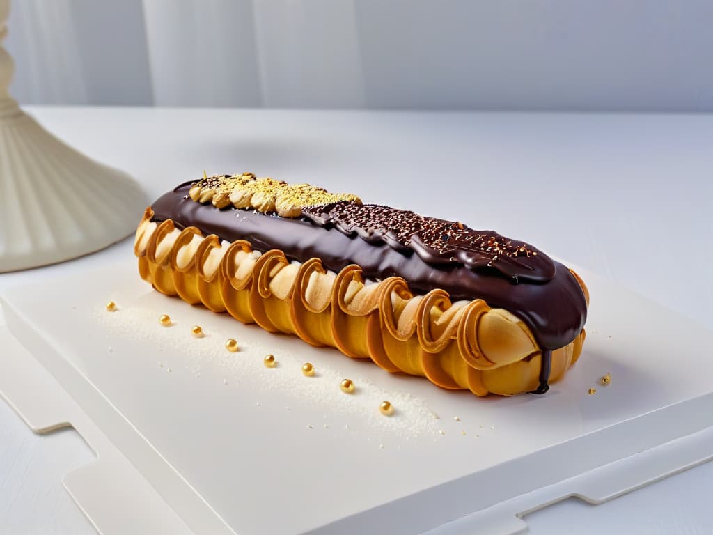  A closeup, ultradetailed image of a delicate éclair crafted by Éric Lanlard, showcasing intricate piped chocolate ganache on top, a glossy finish, and a dusting of gold flakes for a touch of elegance. hyperrealistic, full body, detailed clothing, highly detailed, cinematic lighting, stunningly beautiful, intricate, sharp focus, f/1. 8, 85mm, (centered image composition), (professionally color graded), ((bright soft diffused light)), volumetric fog, trending on instagram, trending on tumblr, HDR 4K, 8K