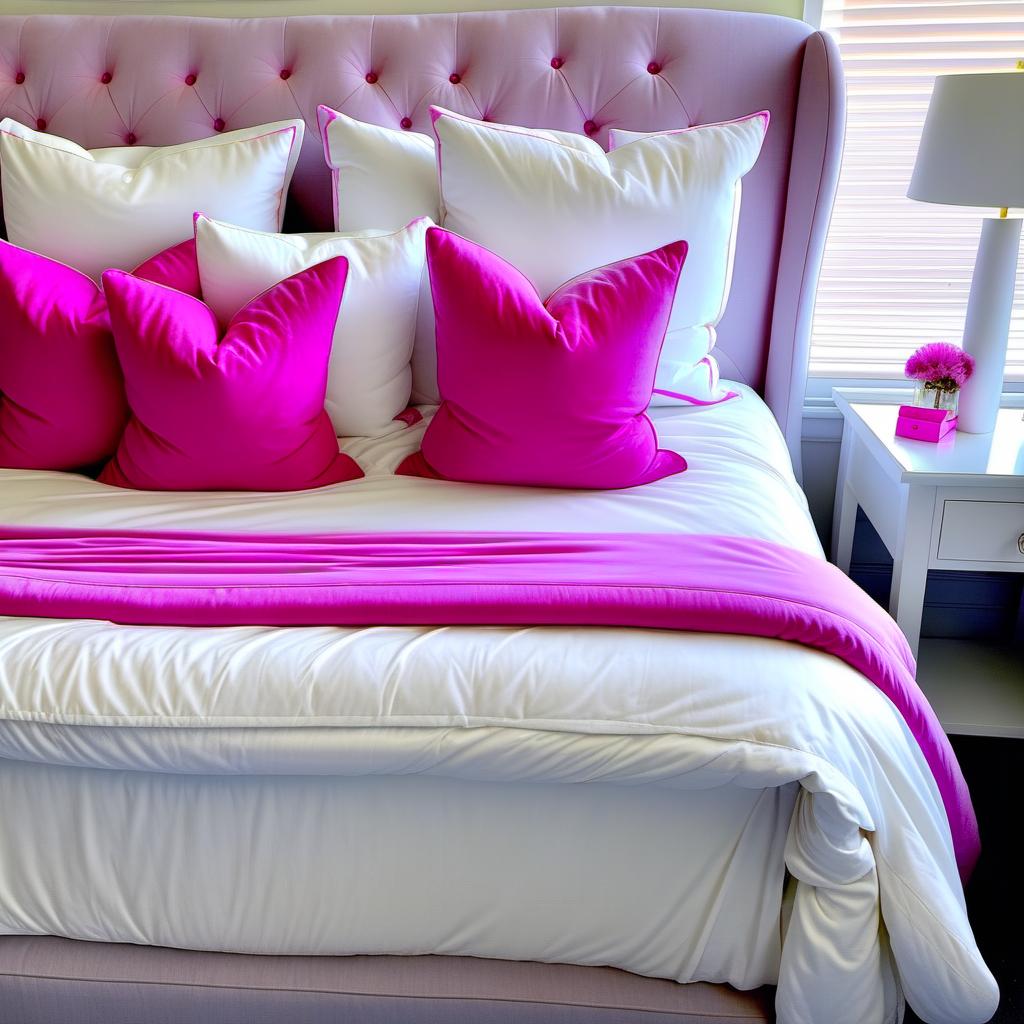  White bed with pink pillows