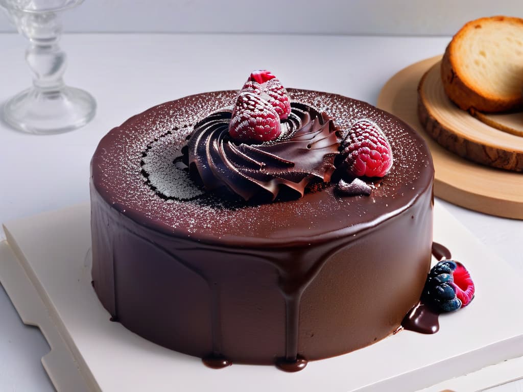  A closeup, ultradetailed image of a decadent dark chocolate cake topped with a single, perfectly ripe raspberry. The glossy ganache gleams under a soft light, highlighting the intricate swirls on the cake's surface. The raspberry is perched delicately on top, its deep red hue contrasting beautifully with the dark chocolate. Every tiny seed on the raspberry is visible, glistening with moisture, inviting the viewer to almost taste the rich flavors through the screen. hyperrealistic, full body, detailed clothing, highly detailed, cinematic lighting, stunningly beautiful, intricate, sharp focus, f/1. 8, 85mm, (centered image composition), (professionally color graded), ((bright soft diffused light)), volumetric fog, trending on instagram, trending on tumblr, HDR 4K, 8K