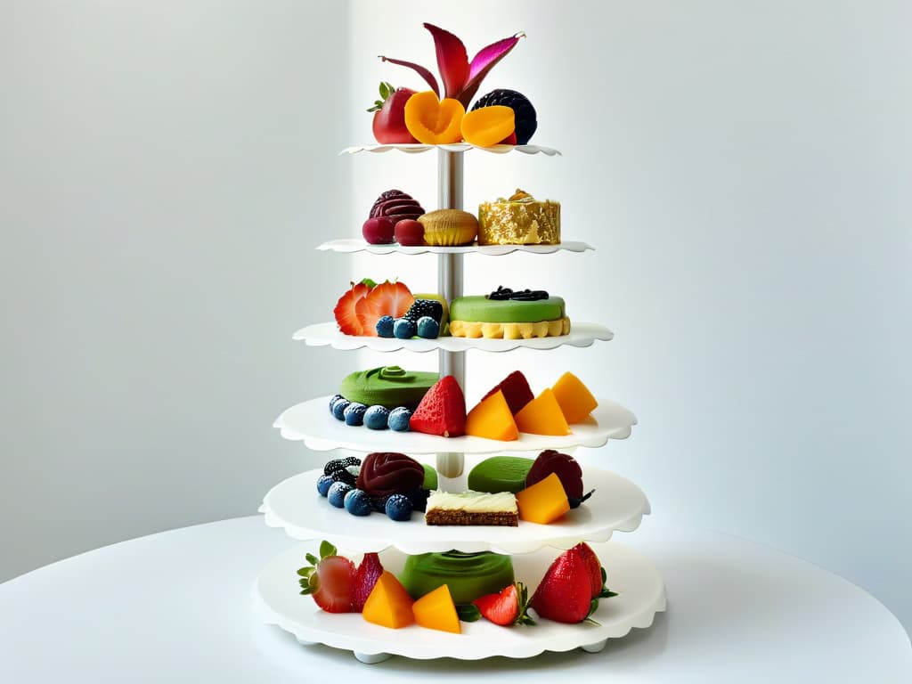  A minimalist image showcasing a diverse array of vibrant, meticulously crafted vegan desserts arranged on a sleek, modern display stand. Each dessert is a work of art, with intricate designs and colorful toppings that highlight the creativity and innovation in vegan pastrymaking. The desserts are set against a clean, white backdrop, emphasizing their beauty and inviting the viewer to appreciate the intricate details and vibrant flavors of these multisensorial vegan treats. hyperrealistic, full body, detailed clothing, highly detailed, cinematic lighting, stunningly beautiful, intricate, sharp focus, f/1. 8, 85mm, (centered image composition), (professionally color graded), ((bright soft diffused light)), volumetric fog, trending on instagram, trending on tumblr, HDR 4K, 8K