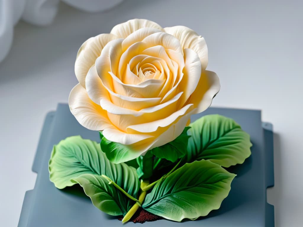  An exquisite and intricate sugar sculpture of a blooming rose, delicately crafted with flawless precision, capturing the intricate details of each petal and leaf. The translucent quality of the sugar adds a touch of ethereal beauty to the sculpture, with light softly filtering through the delicate petals, casting a subtle glow that highlights the artistry and skill involved in its creation. hyperrealistic, full body, detailed clothing, highly detailed, cinematic lighting, stunningly beautiful, intricate, sharp focus, f/1. 8, 85mm, (centered image composition), (professionally color graded), ((bright soft diffused light)), volumetric fog, trending on instagram, trending on tumblr, HDR 4K, 8K