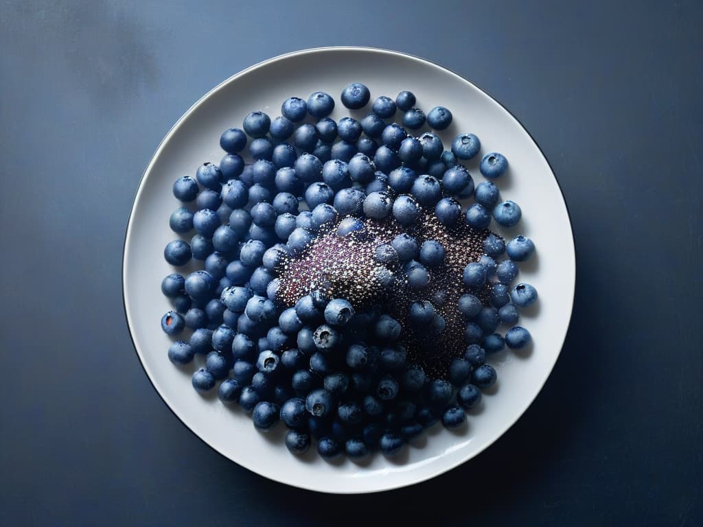  An ultradetailed image of a perfectly ripe, glossy blueberry placed delicately on a pristine white plate, surrounded by a few scattered chia seeds. The lighting is soft, casting gentle shadows that highlight the texture of the blueberry's skin and the tiny details of the chia seeds. The overall composition is elegant and minimalistic, emphasizing the natural beauty of these low glycemic index ingredients. hyperrealistic, full body, detailed clothing, highly detailed, cinematic lighting, stunningly beautiful, intricate, sharp focus, f/1. 8, 85mm, (centered image composition), (professionally color graded), ((bright soft diffused light)), volumetric fog, trending on instagram, trending on tumblr, HDR 4K, 8K