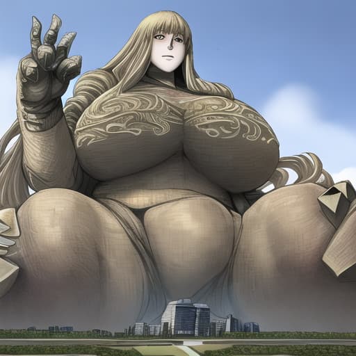 giantess with huge and, towering over a city, in a