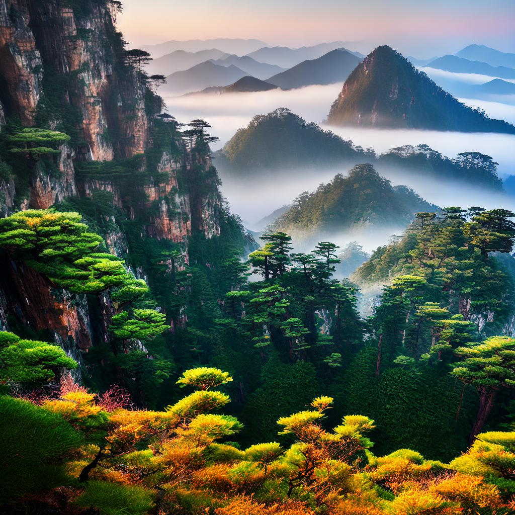  ((masterpiece)),(((best quality))), 8k, high detailed, ultra-detailed. A beautiful sunrise at Huangshan Mountain, with vibrant colors illuminating the sky. (Mountains covered in mist), (golden rays of sunlight piercing through the clouds), (lush green trees), (a peaceful lake reflecting the stunning scenery), (a lone hiker mesmerized by the breathtaking view). hyperrealistic, full body, detailed clothing, highly detailed, cinematic lighting, stunningly beautiful, intricate, sharp focus, f/1. 8, 85mm, (centered image composition), (professionally color graded), ((bright soft diffused light)), volumetric fog, trending on instagram, trending on tumblr, HDR 4K, 8K