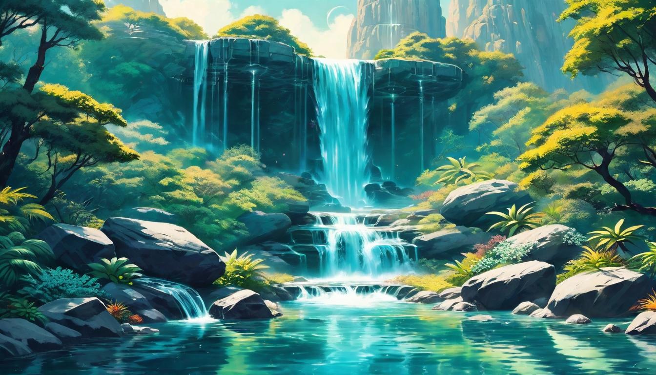  retro futuristic Crystal clear waterfall flowing into a tranquil pool, surrounded by protective stones and vegetation, symbolizing spiritual cleansing and renewal. Purity, energy flow, protective grounding. lvintage sci fi, 50s and 60s style, atomic age, vibrant, highly detailed