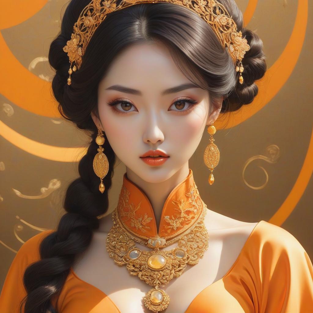  surrealist art A cartoon in an orange costume with gold jewelry, in the style of miho hirano, light yellow and dark brown, close up, traditional costumes, like simplicity, comic art, tondo . dreamlike, mysterious, , symbolic, intricate, detailed hyperrealistic, full body, detailed clothing, highly detailed, cinematic lighting, stunningly beautiful, intricate, sharp focus, f/1. 8, 85mm, (centered image composition), (professionally color graded), ((bright soft diffused light)), volumetric fog, trending on instagram, trending on tumblr, HDR 4K, 8K