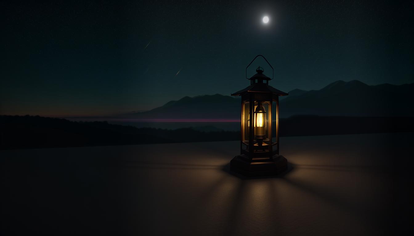  Retro anime aesthetics, retro futuristic A single lantern glowing softly in the dark, no one around, pure light casting gentle shadows, integrity, quiet resolve, 4k, HDR, lens flare