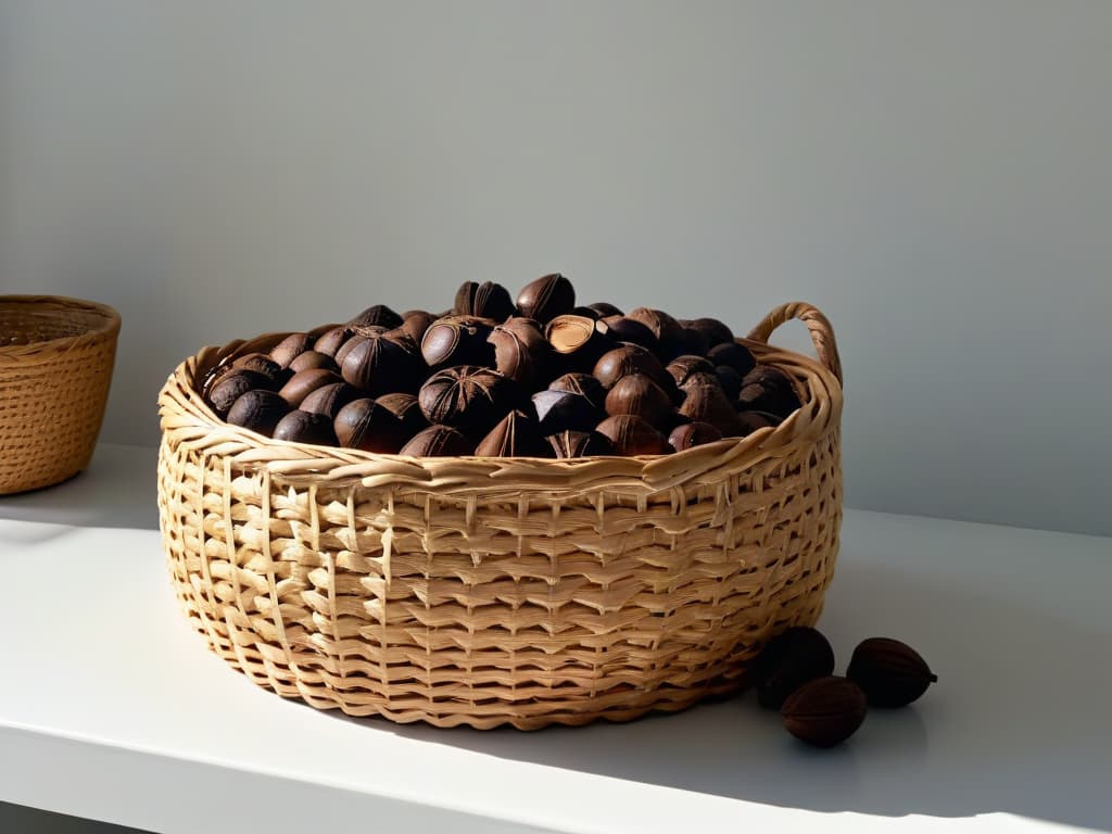  An ultradetailed image of a sleek, modern kitchen countertop with a scattering of rich, dark algarroba pods spilling out of a woven basket. The pods gleam with a deep, chocolatey luster under the warm glow of overhead lighting, creating a luxurious and inviting atmosphere. The minimalistic aesthetic is accentuated by the clean lines of the countertop and the subtle play of shadows, evoking a sense of sophistication and culinary inspiration. hyperrealistic, full body, detailed clothing, highly detailed, cinematic lighting, stunningly beautiful, intricate, sharp focus, f/1. 8, 85mm, (centered image composition), (professionally color graded), ((bright soft diffused light)), volumetric fog, trending on instagram, trending on tumblr, HDR 4K, 8K