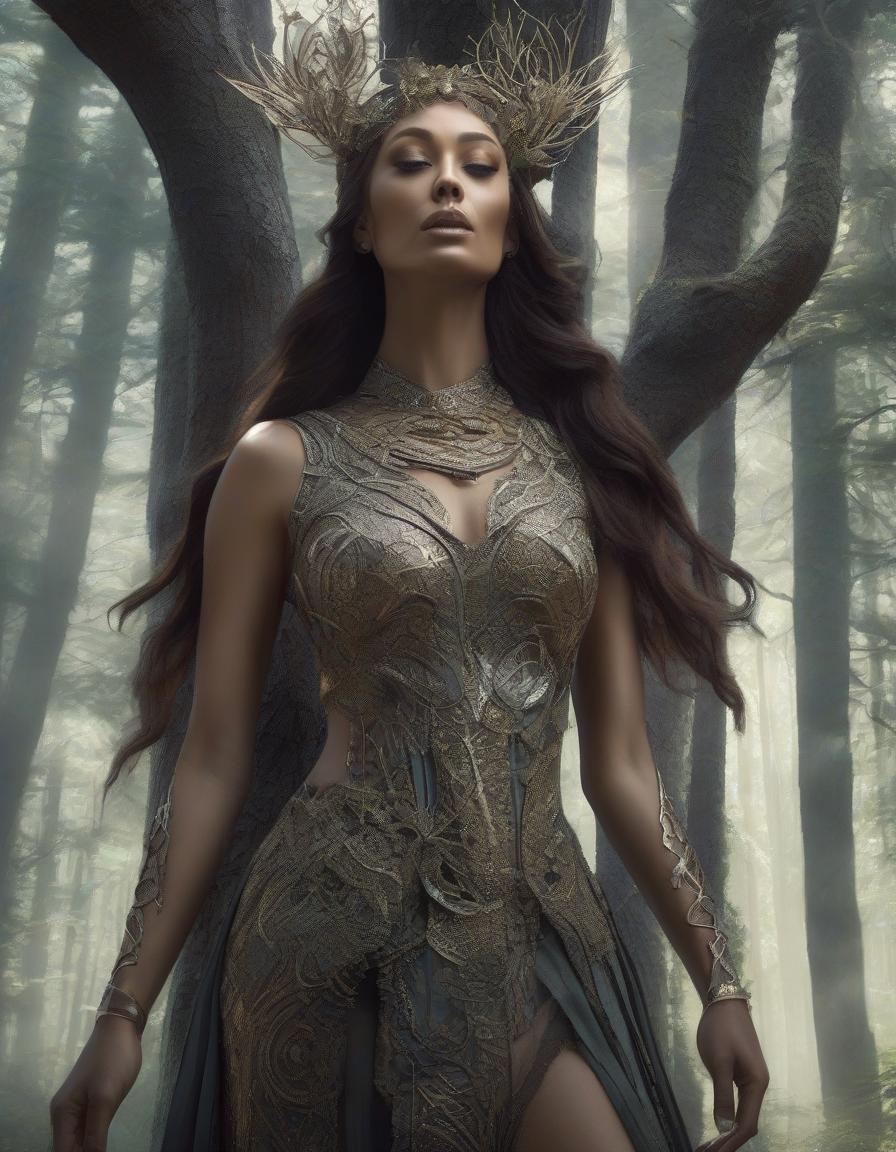  concept art A stunning digital painting of a mysterious forest woman with intricate details, geometric patterns, and surreal elements. The artwork is highly detailed, photorealistic, and beautifully balanced, showcasing a masterful blend of fantasy and realism. . digital artwork, illustrative, painterly, matte painting, highly detailed hyperrealistic, full body, detailed clothing, highly detailed, cinematic lighting, stunningly beautiful, intricate, sharp focus, f/1. 8, 85mm, (centered image composition), (professionally color graded), ((bright soft diffused light)), volumetric fog, trending on instagram, trending on tumblr, HDR 4K, 8K