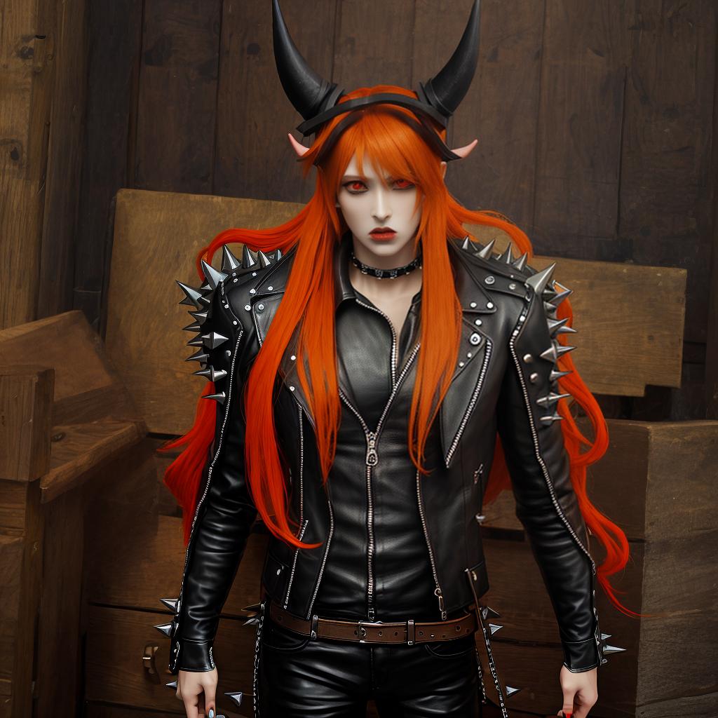  masterpiece, best quality, monster high doll, orange hair, horns, leather, spikes, red eyes, skinny, handsome