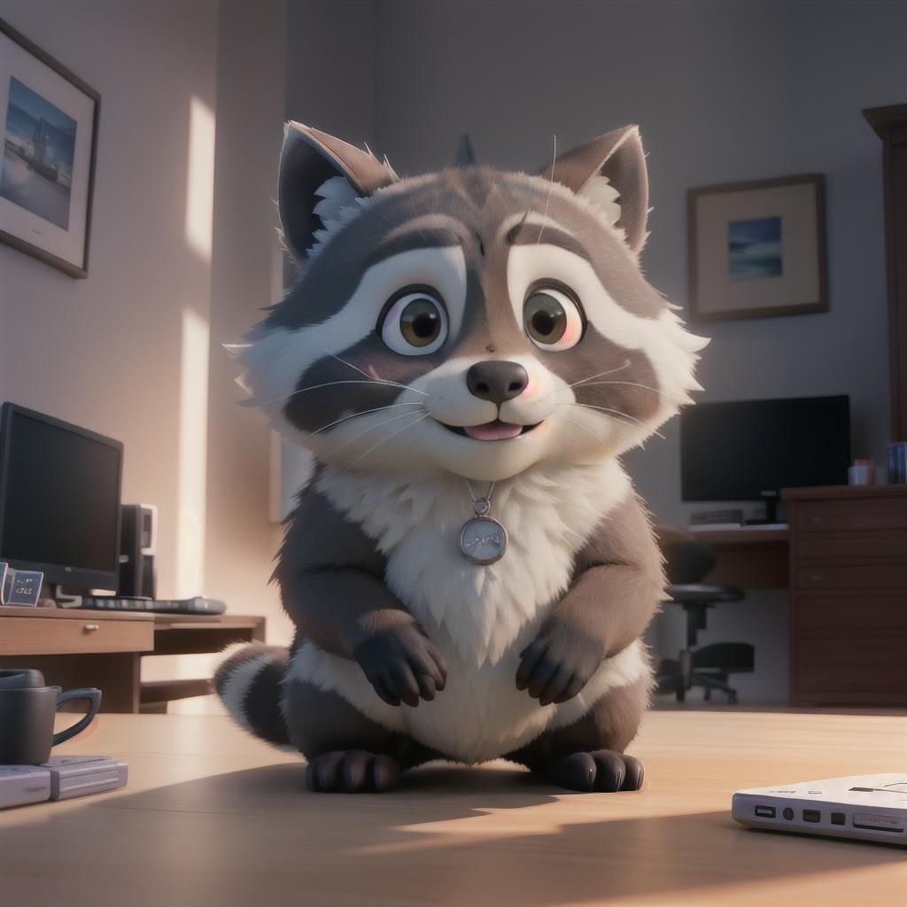  raccoon sitting in gaming chair front a computer on desktop, ((semi anthropomorphic)),(full body), tail, belly, sitting, fat, (chubby), (((white background))), solo, desktop, gaming chair, side view,  [[[clothes]]] hyperrealistic, full body, detailed clothing, highly detailed, cinematic lighting, stunningly beautiful, intricate, sharp focus, f/1. 8, 85mm, (centered image composition), (professionally color graded), ((bright soft diffused light)), volumetric fog, trending on instagram, trending on tumblr, HDR 4K, 8K