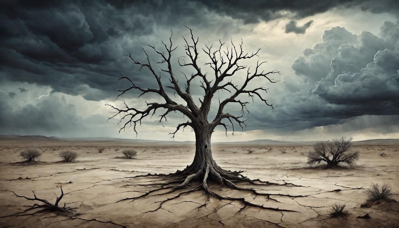  on parchment, surrealism+++, Desolate wasteland with cracked earth, a lone dead tree under stormy skies, atmosphere of despair and isolation(mysterious, provocative, symbolic,muted color)+++