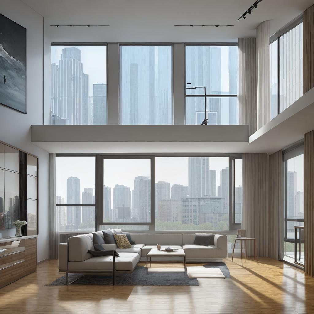  masterpiece, best quality, Best Quality, Masterpiece, 8k resolution,high resolution concept art of an apartment living room with floor to ceiling windows and modern furniture