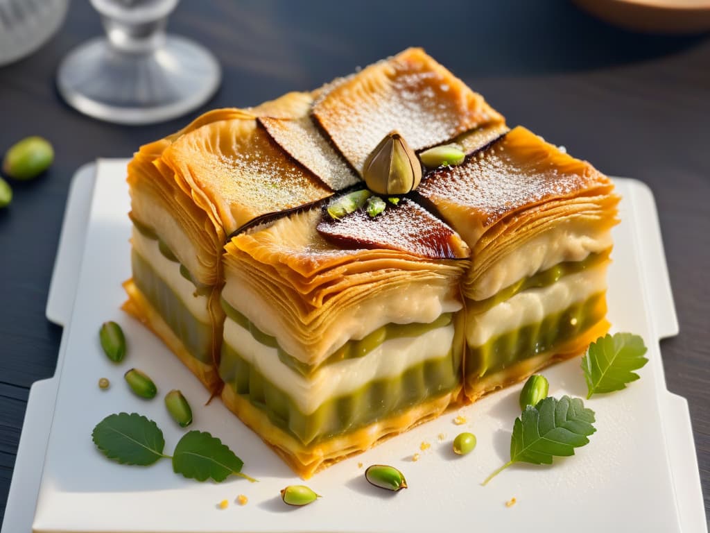  A stunning, highresolution image of a delicately crafted Turkish baklava, showcasing intricate layers of phyllo pastry and nuts, drizzled with golden honey, and garnished with crushed pistachios. This minimalistic yet detailed image captures the essence of Turkish pastry artistry, inviting the reader to savor the unique flavors and cultural significance of this traditional treat. hyperrealistic, full body, detailed clothing, highly detailed, cinematic lighting, stunningly beautiful, intricate, sharp focus, f/1. 8, 85mm, (centered image composition), (professionally color graded), ((bright soft diffused light)), volumetric fog, trending on instagram, trending on tumblr, HDR 4K, 8K