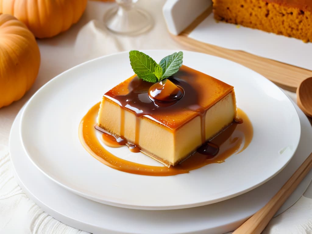  A closeup, ultradetailed image of a perfectly caramelized slice of pumpkin flan, topped with a delicate sprinkle of cinnamon and a drizzle of rich caramel sauce on a pristine white plate. The flan is adorned with a small heap of fresh whipped cream and a single mint leaf as garnish. The creamy texture of the flan contrasts beautifully with the glossy caramel, creating a visually stunning and appetizing composition. hyperrealistic, full body, detailed clothing, highly detailed, cinematic lighting, stunningly beautiful, intricate, sharp focus, f/1. 8, 85mm, (centered image composition), (professionally color graded), ((bright soft diffused light)), volumetric fog, trending on instagram, trending on tumblr, HDR 4K, 8K