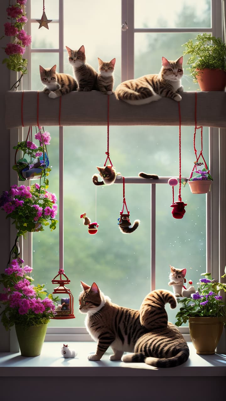  A whimsical scene of cats lounging on window sills, batting at dangling toys, and napping in cozy nooks throughout a charming home interior. The image should have a sketch like, low quality appearance, suitable for a children's coloring book with a detail level of 2. hyperrealistic, full body, detailed clothing, highly detailed, cinematic lighting, stunningly beautiful, intricate, sharp focus, f/1. 8, 85mm, (centered image composition), (professionally color graded), ((bright soft diffused light)), volumetric fog, trending on instagram, trending on tumblr, HDR 4K, 8K