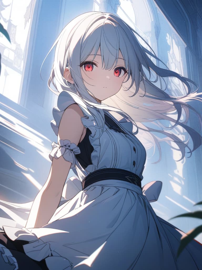  Maid,beauty,beautiful,silver hair,red eyes,fleeting,Victoria style,blue light,blue effect,long hair、ultra detailed,best shadow,cute and beautiful face,(masterpiece:1.2),(best quality:1.2),detailed background,high contrast,(best illumination,an extremely delicate and beautiful),((cinematic light)),hyper detail,dramatic light,intricate details,8k,anime,very aesthetic, masterpiece, best quality,8k,ultra detailed,high resolution,an extremely delicate and beautiful,hyper detail