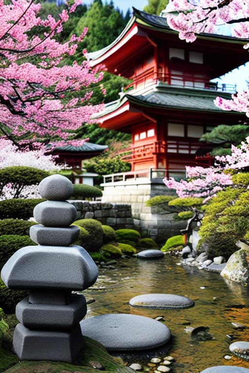  My Fuji in the far distance. in the foreground on top of a hill is a 4 story pagoda on the right. There’s a stream in front of the pagoda going down the path into the distance. On the left in the foreground is a circle statue in the middle on a small zen garden. There are large cherry blossoms branches with flowers in bloom in the foreground. Render in impressionistic style paint with visible brush strokes