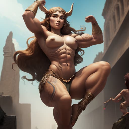  a giant goddess of the Amazons with lush body formats, muscular, ,, without clothes, and without, against the background of the ancient city of the Amazons, perfect lighting, perfect face, body covered with tattoos, raising her right leg high,