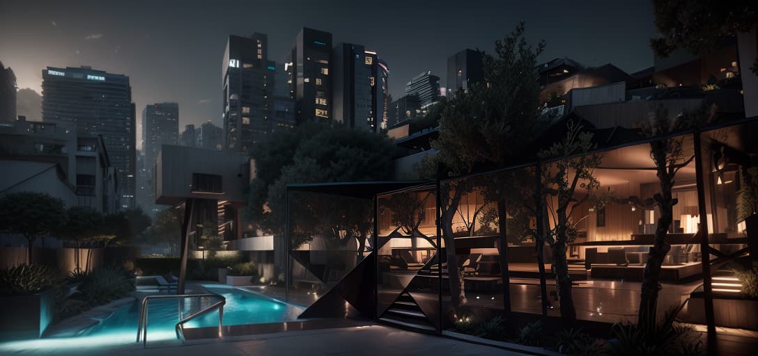  A high resolution photograph of a modern Apartment Building, hyper realistic, CINEMATIC, HYPER REALISTIC PHOTOGRAPH OF BLACK, CONCRETE AND CORTEN MODERN MINIMALIST VILLA WITH OPEN LIVING ROOM AND DINING ROOM, ARCHITECTURE WITH ARTIFICIAL LIGHTING AND ILLUMINATED SWIMMING POOL, GARDEN WITH OLIVE TREES, INFINITE POOL, UNREAL ENGINE 5, PHOTOGRAPHY, ULTRA WIDE ANGLE, DEPTH OF FIELD, HYPER DETAILED, INSANE DETAILS, INTRICATE DETAILS, BEAUTIFULLY COLOR GRADED, UNREAL ENGINE, PHOTOSHOOT, SHOT ON 25MM LENS, DOF, TILT BLUR, SHUTTER SPEED 1/1000, F/22, WHITE BALANCE, 32K, SUPER RESOLUTION, MEGAPIXEL, PRO PHOTO RGB, VR, LONELY, GOOD, MASSIVE, HALF REAR LIGHTING, BACKLIGHT, NATURAL LIGHTING, INCANDESCENT, OPTICAL FIBER, MOODY LIGHTING, CINEMATIC LIGHTI