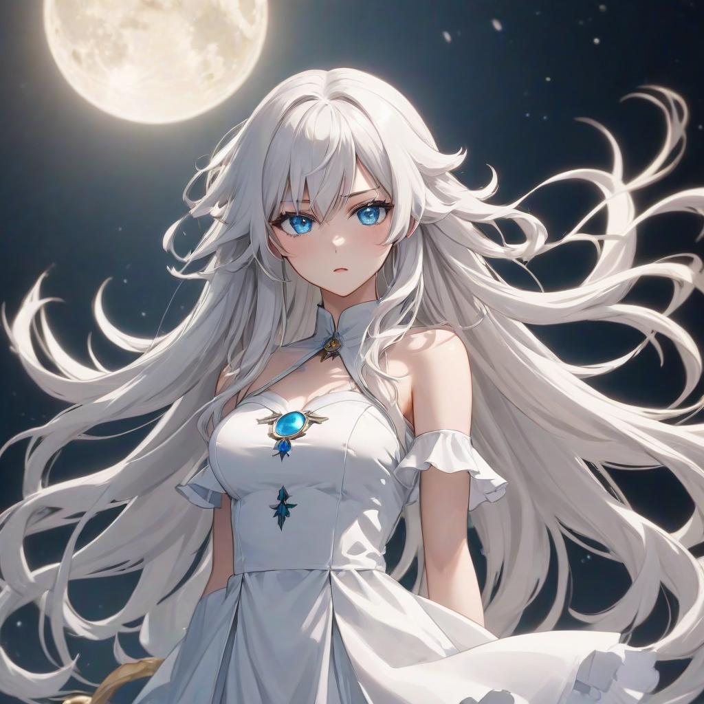  anime artwork A beautiful anime with very very very long white wavy hair. She has blue eyes. She is wearing a white dress and standing upright. On her head, there is a hairpin in the shape of a crescent moon. She is very angry. . anime style, key visual, vint, studio anime, highly detailed hyperrealistic, full body, detailed clothing, highly detailed, cinematic lighting, stunningly beautiful, intricate, sharp focus, f/1. 8, 85mm, (centered image composition), (professionally color graded), ((bright soft diffused light)), volumetric fog, trending on instagram, trending on tumblr, HDR 4K, 8K