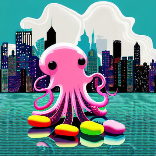  A digital art piece of a giant octopus made of jelly beans, attacking a city skyline