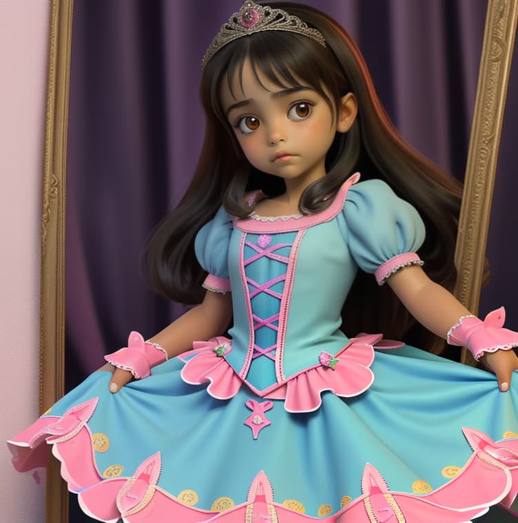  una niña de 9 años morena con un vestido de princesa en su cuarto