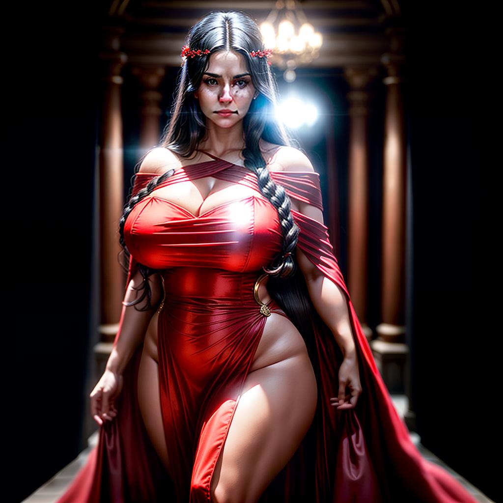  cinematic film still Woman with large body, long black hair, blue eyes, in red draping dress, holding camera. . shallow depth of field, vignette, highly detailed, high budget, bokeh, cinemascope, moody, epic, gorgeous, film grain, grainy