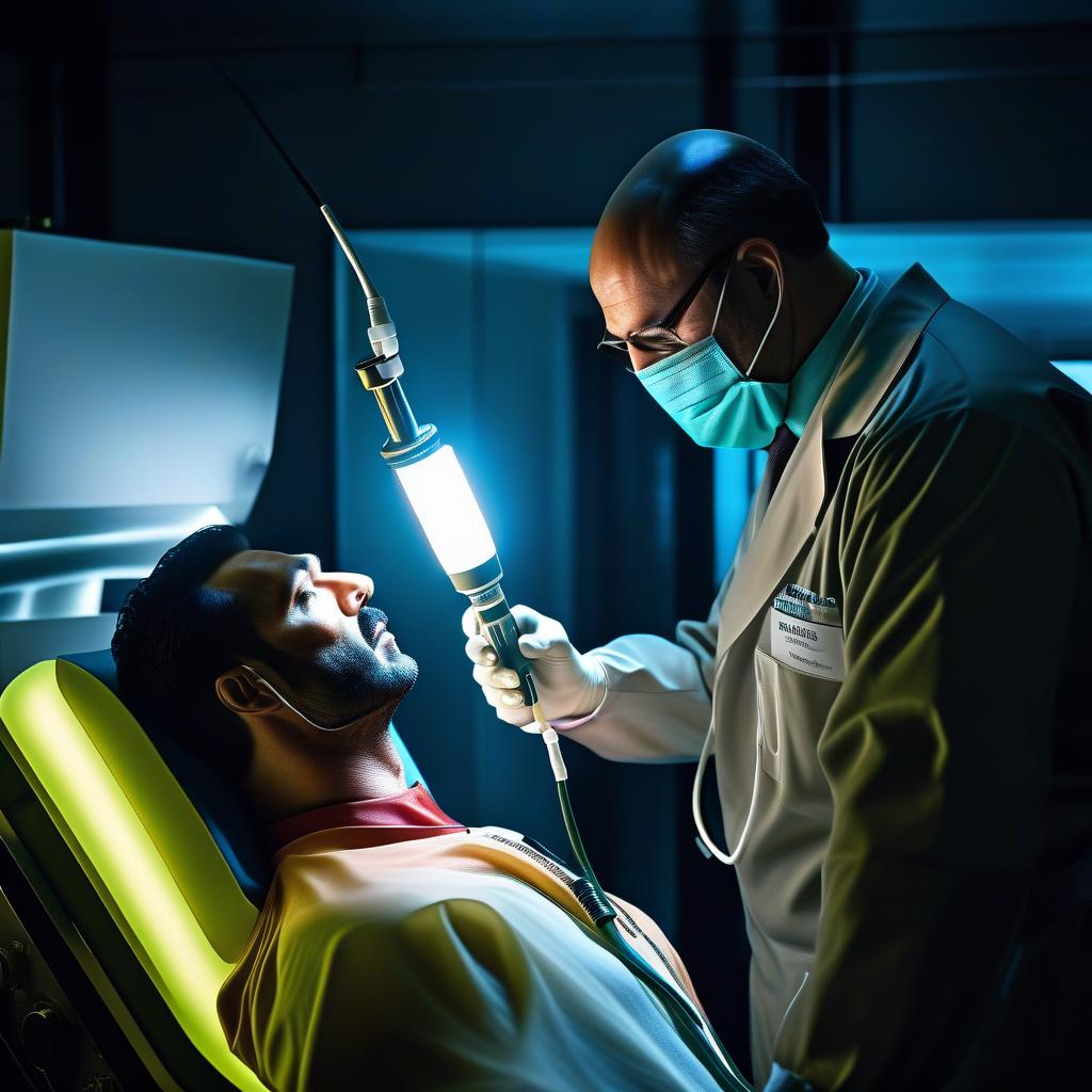  Nasal endoscopy examination hyperrealistic, full body, detailed clothing, highly detailed, cinematic lighting, stunningly beautiful, intricate, sharp focus, f/1. 8, 85mm, (centered image composition), (professionally color graded), ((bright soft diffused light)), volumetric fog, trending on instagram, trending on tumblr, HDR 4K, 8K