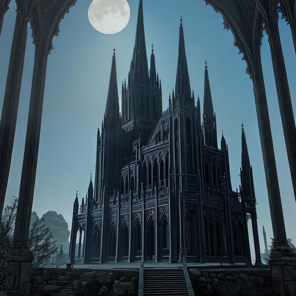  in a gothic aesthetic, Ethereal spires pierce the moonlit sky, as ancient arches weave tales of forgotten realms in a Gothic tapestry.