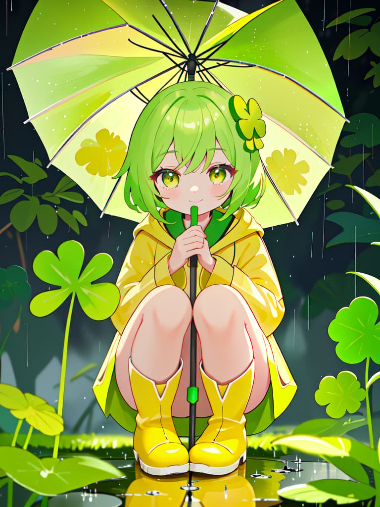  Staring at the four leaf clover with an umbrella in the rain, a yellow raincoat and a yellow green girl character crouching with boots and staring at the on the ground and staring with a smile. focus, masterpiece, best quality,8k,ultra detailed,high resolution,an extremely delicate and beautiful,hyper detail